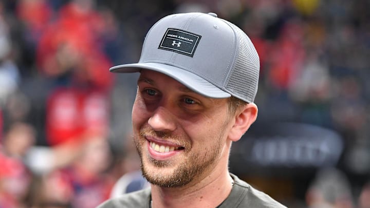 Mar 8, 2018; Las Vegas, NV, USA; Philadelphia Eagles quarterback Nick Foles is pictured at a Pac-12 Tournament quarterfinal game between his alma mater Arizona Wildcats and the Colorado Buffaloes at T-Mobile Arena. Mandatory Credit: Stephen R. Sylvanie-Imagn Images