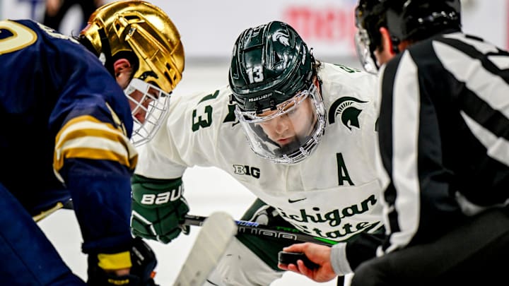 Michigan State's Tiernan Shoudy prepares to face-off against Notre Dame during the second period in the Big Ten tournament on Saturday, March 15, 2025, at Muni Arena in East Lansing.