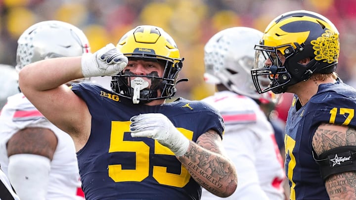 Nov 25, 2023; Ann Arbor, MI, USA;  Michigan defensive lineman Mason Graham celebrates a tackle against Ohio State during the second half at Michigan Stadium in Ann Arbor on Saturday, Nov. 25, 2023. Mandatory Credit: Junfu Han-Imagn Images