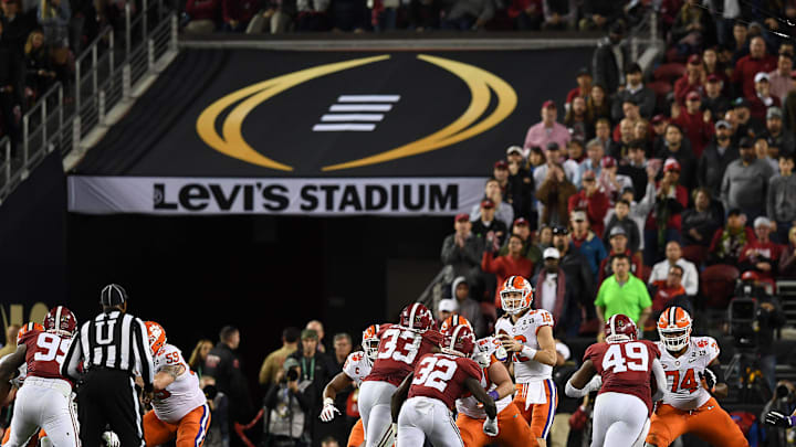 Clemson quarterback Trevor Lawrence (16) looks to pass against Alabama during the 3rd quarter of the College Football National Championship at Levi's Stadium in Santa Clara, CA Monday, January 7, 2019.

Clemson Alabama College Football National Championship