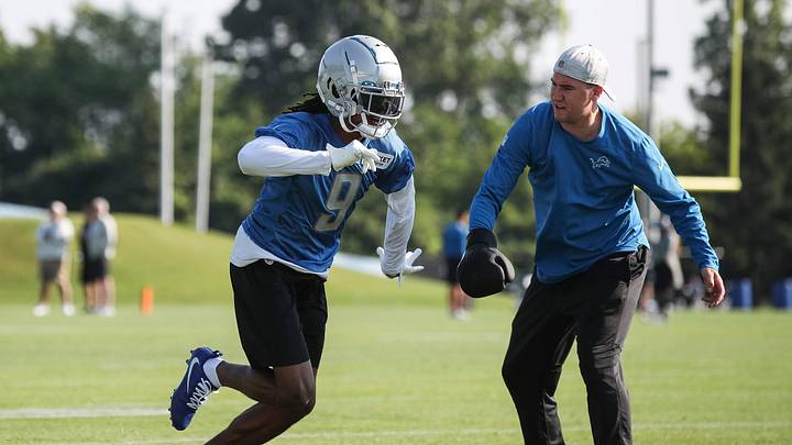 Detroit Lions wide receiver Jameson Williams practices with assistant wide receivers coach Seth Ryan during training camp at the Detroit Lions Headquarters and Training Facility in Allen Park on Sunday, July 23, 2023. Detroit Lions wide receiver Jameson Williams practices with assistant wide receivers coach Seth Ryan during training camp at the Detroit Lions Headquarters and Training Facility in Allen Park on Sunday, July 23, 2023.