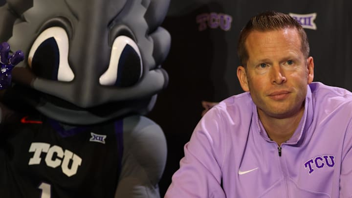 Oct 21, 2025; Kansas City, MO, USA; TCU head coach Mark Campbell speaks to media during Big 12 Womenís Basketball Media Day at T-Mobile Center. Mandatory Credit: Sophia Scheller-Imagn Images Oct 21, 2025; Kansas City, MO, USA; TCU head coach Mark Campbell speaks to media during Big 12 Womenís Basketball Media Day at T-Mobile Center. Mandatory Credit: Sophia Scheller-Imagn Images