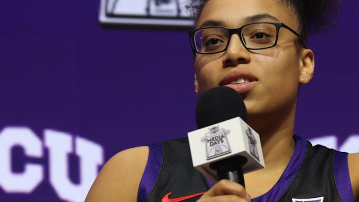 Oct 21, 2025; Kansas City, MO, USA; TCUís Olivia Miles speaks to media during Big 12 Womenís Basketball Media Day at T-Mobile Center. Mandatory Credit: Sophia Scheller-Imagn Images