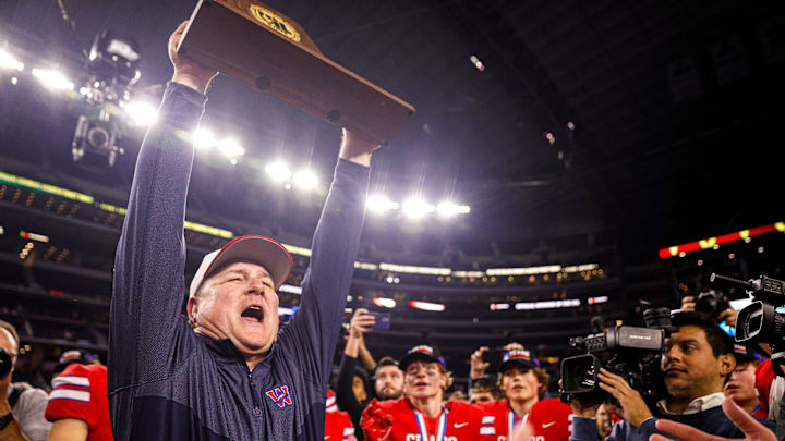 Westlake head coach Todd Dodge lifts the Class 6A Division 2 State Championship trophy after defeating Guyer 40-21 at AT&T Stadium in Arlington, Texas on Dec. 18, 2021.

Aem Westlake Vs Guyer 6