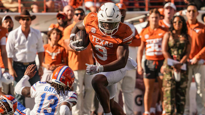 Texas Longhorns running back Jerrick Gibson (9) advances the ball during the Longhorns' game against the Florida Gators, Nov. 9, 2024 at Darrell K. Royal Texas Memorial Stadium in Austin. Texas Longhorns running back Jerrick Gibson (9) advances the ball during the Longhorns' game against the Florida Gators, Nov. 9, 2024 at Darrell K. Royal Texas Memorial Stadium in Austin.