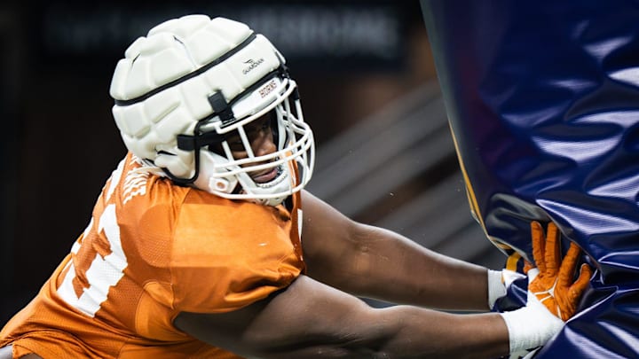 Texas defensive lineman T'Vondre Sweat (93) attends practice in Caesars Superdome ahead of the Sugar Bowl in New Orleans, Louisiana, Dec. 28, 2023. The Texas Longhorns will take on the Washington Huskies in the College Football Playoff Semi-Finals on January 1.