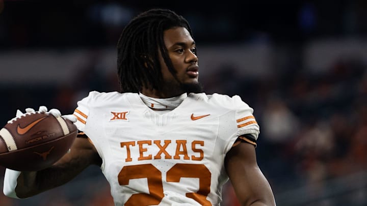 Texas running back Jaydon Blue (23) warms up ahead of the Big 12 Conference Championship game at AT&T Stadium in Arlington, Texas, Saturday, Dec. 2, 2023