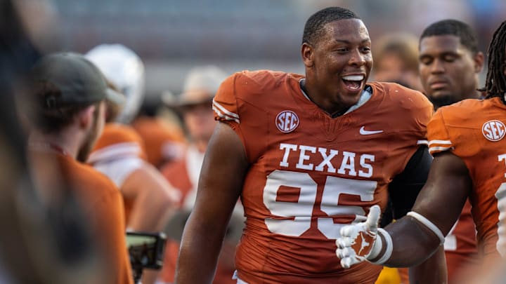 Texas Longhorns defensive lineman Alfred Collins (95) celebrates after the Texas Longhorns won the game against Mississippi State at Darrell K Royal-Texas Memorial Stadium in Austin Saturday, Sept. 28, 2024. Texas Longhorns defensive lineman Alfred Collins (95) celebrates after the Texas Longhorns won the game against Mississippi State at Darrell K Royal-Texas Memorial Stadium in Austin Saturday, Sept. 28, 2024.