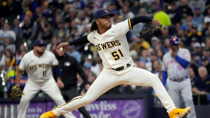 Milwaukee Brewers starting pitcher Freddy Peralta (51) pitches during the first inning of the home opener against the New York Mets at American Family Field in Milwaukee  on Monday, April 3, 2023.

Mjs Brewers Opening Day 1022