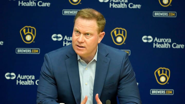 Senior Vice President and General Manager Matt Arnold speaks during an an end of season press conference at American Family Field in Milwaukee, October 10, 2023.