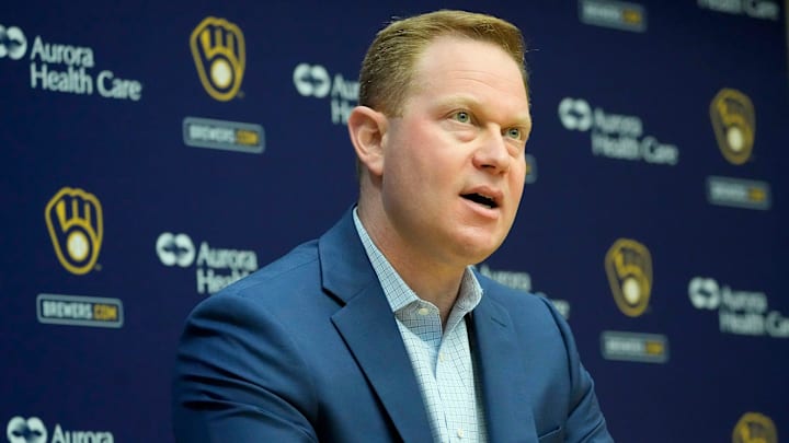 Senior Vice President and General Manager Matt Arnold speaks during an an end of season press conference at American Family Field in Milwaukee, October 10, 2023.