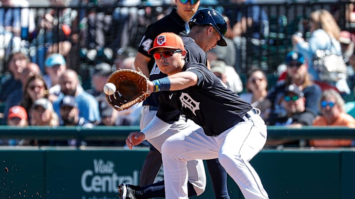 Tigers first baseman Keston Hiura catches the ball against the Yankees during the first inning of the Grapefruit League season opener at Joker Marchant Stadium in Lakeland, Florida.