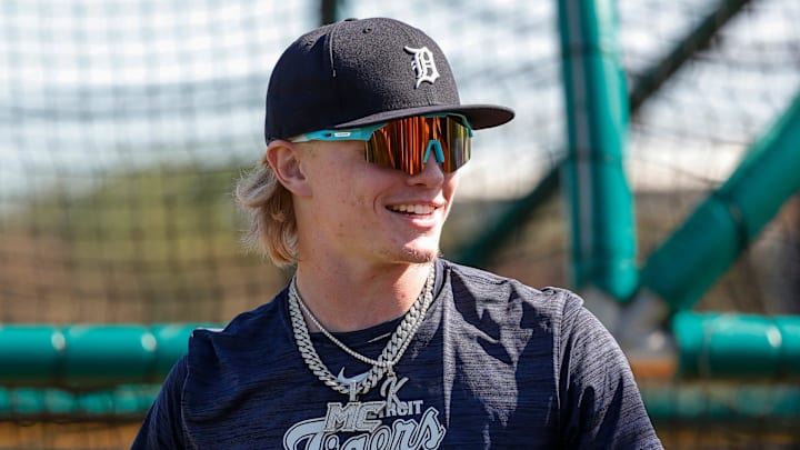 Detroit Tigers outfielder prospect Max Clark works out during spring training at TigerTown in Lakeland, Fla. on Thursday, Feb. 22, 2024.
