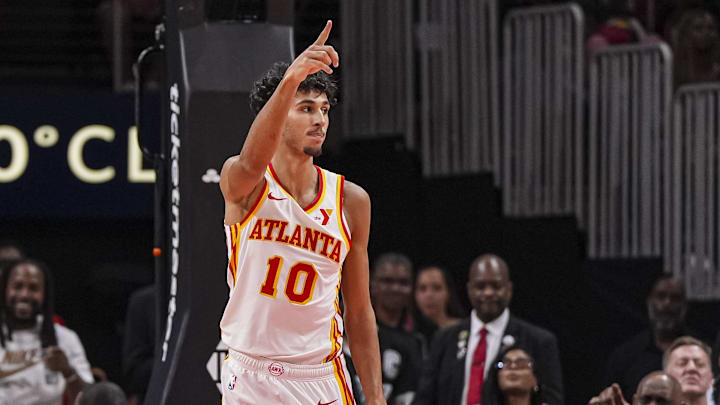 Oct 8, 2024; Atlanta, Georgia, USA; Atlanta Hawks forward Zaccharie Risacher (10) reacts during the game against the Indiana Pacers during the second half at State Farm Arena. Mandatory Credit: Dale Zanine-Imagn Images Oct 8, 2024; Atlanta, Georgia, USA; Atlanta Hawks forward Zaccharie Risacher (10) reacts during the game against the Indiana Pacers during the second half at State Farm Arena. Mandatory Credit: Dale Zanine-Imagn Images
