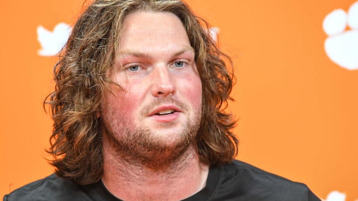Clemson offensive lineman Blake Miller talks with media during midweek press conference at the Smart Family Media Center in Clemson, S.C. Wednesday, August 30, 2023.