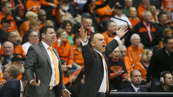 Mar 17, 2017; Corvallis, OR, USA; Oregon State Beavers coach Scott Rueck (right) reacts as a foul is called in a game against the Long Beach State 49ers in the first round of the 2017 NCAA Division I Women's Basketball Championship at Oregon State University. Mandatory Credit: Molly J. Smith/Statesman Journal via USA TODAY NETWORK