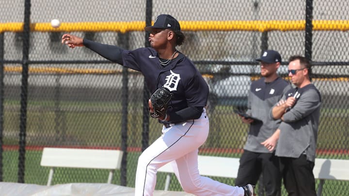 Detroit Tigers pitchers and catchers went through drills and a bullpen session during Spring Training Wednesday, February 15, 2023. Pitcher Elvis Alvarado throws during his bullpen session.

Tigers3 021523 Kd1619