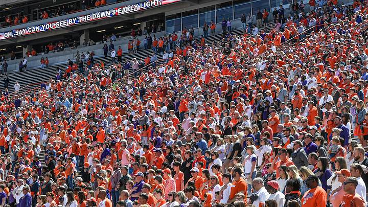 Apr 6, 2024; Clemson, South Carolina, USA; Clemson Tigers fans during the Clemson spring football game at Memorial Stadium. Mandatory Credit: Ken Ruinard-USA TODAY Sports Apr 6, 2024; Clemson, South Carolina, USA; Clemson Tigers fans during the Clemson spring football game at Memorial Stadium. Mandatory Credit: Ken Ruinard-USA TODAY Sports