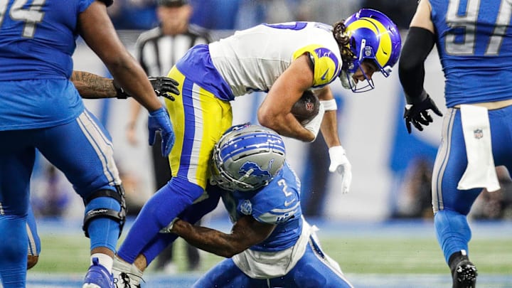 Detroit Lions safety C.J. Gardner-Johnson (2) tackles L.A. Rams wide receiver Puka Nacua (17) during the second half of the NFL wild-card playoff game at Ford Field in Detroit on Sunday, Jan, 14, 2024. Detroit Lions safety C.J. Gardner-Johnson (2) tackles L.A. Rams wide receiver Puka Nacua (17) during the second half of the NFL wild-card playoff game at Ford Field in Detroit on Sunday, Jan, 14, 2024.