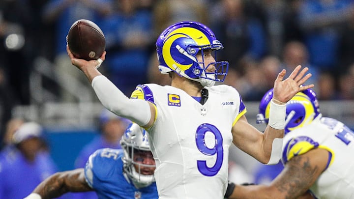 Los Angeles Rams quarterback Matthew Stafford passes against the Detroit Lions during the first half of the NFC wild-card game at Ford Field in Detroit on Sunday, Jan, 14, 2024. Los Angeles Rams quarterback Matthew Stafford passes against the Detroit Lions during the first half of the NFC wild-card game at Ford Field in Detroit on Sunday, Jan, 14, 2024.
