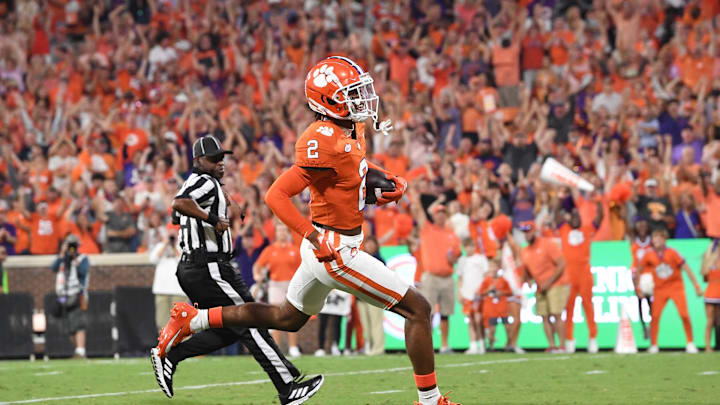 Sep 16, 2023; Clemson, South Carolina; Clemson cornerback Nate Wiggins (2) returns an interception