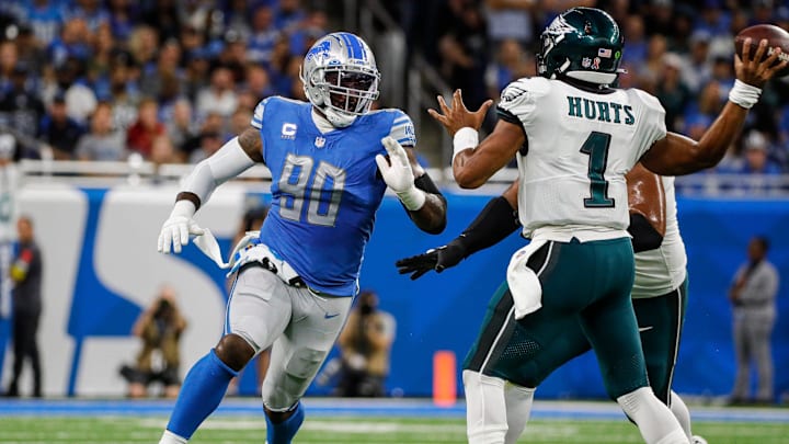 Lions defensive end Michael Brockers looks to tackle Eagles quarterback Jalen Hurts during the first half on Sunday, Sept. 11, 2022, at Ford Field. Lions defensive end Michael Brockers looks to tackle Eagles quarterback Jalen Hurts during the first half on Sunday, Sept. 11, 2022, at Ford Field.