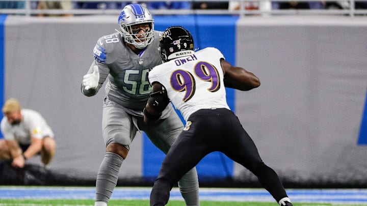 Detroit Lions offensive tackle Penei Sewell blocks Baltimore Ravens linebacker Odafe Oweh during the first half at Ford Field in Detroit on Sunday, Sept. 26, 2021. Detroit Lions offensive tackle Penei Sewell blocks Baltimore Ravens linebacker Odafe Oweh during the first half at Ford Field in Detroit on Sunday, Sept. 26, 2021.