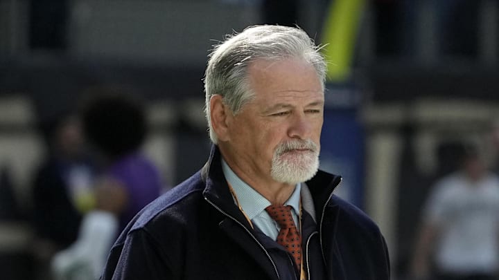 Oct 2, 2022; London, United Kingdom; New Orleans Saints general manager Mickey Loomis reacts before an NFL International Series game against the New Orleans Saints at Tottenham Hotspur Stadium. Mandatory Credit: Kirby Lee-Imagn Images Oct 2, 2022; London, United Kingdom; New Orleans Saints general manager Mickey Loomis reacts before an NFL International Series game against the New Orleans Saints at Tottenham Hotspur Stadium. Mandatory Credit: Kirby Lee-Imagn Images