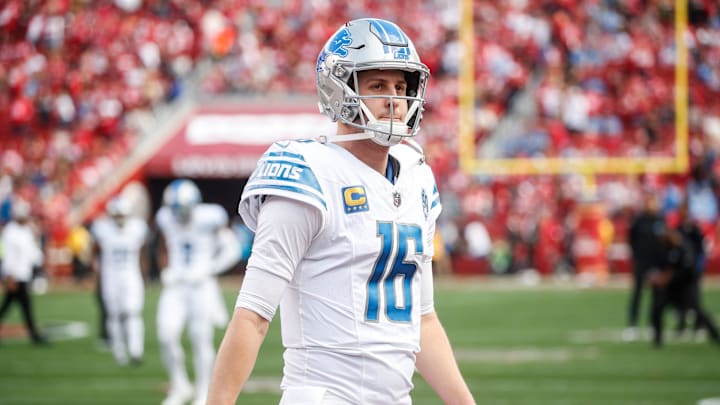 Lions quarterback Jared Goff looks on at during warmups before the NFC championship game at Levi's Lions quarterback Jared Goff looks on at during warmups before the NFC championship game at Levi's