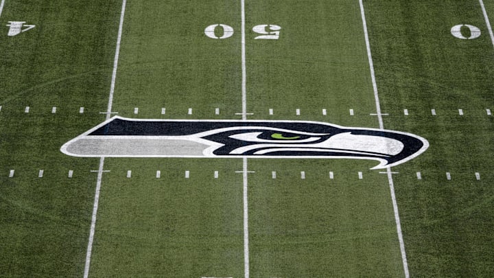 Aug 25, 2017; Seattle, WA, USA; General overall view of Seattle Seahawks logo at CenturyLink Field Aug 25, 2017; Seattle, WA, USA; General overall view of Seattle Seahawks logo at CenturyLink Field