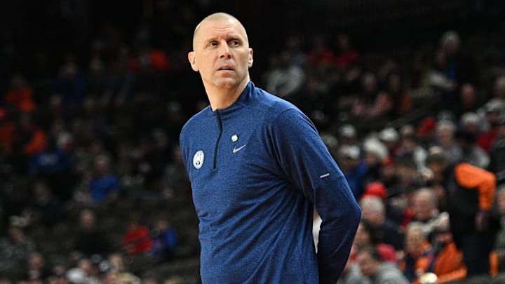 Mar 21, 2024; Omaha, NE, USA; Brigham Young Cougars head coach Mark Pope keeps an eye on the action