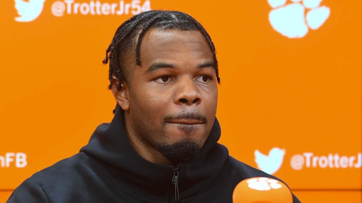 Clemson linebacker Jeremiah Trotter Jr. speaks in the Smart Family Media Center.
