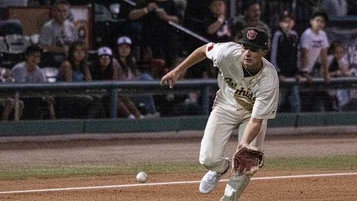 Visalia Rawhide's Gavin Conticello fields a hit ball Tuesday, April 11, 2023 during their home opener against the Rancho Cucamonga Quakes. Visalia Rawhide's Gavin Conticello fields a hit ball Tuesday, April 11, 2023 during their home opener against the Rancho Cucamonga Quakes.