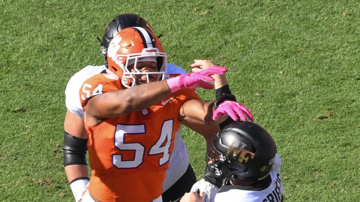 Oct 7, 2023; Clemson, South Carolina, USA; Clemson linebacker Jeremiah Trotter Jr. (54) pressures