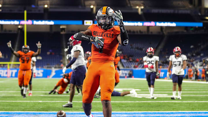 Belleville running back Jeremiah Beasley celebrates a touchdown against Southfield A&T during