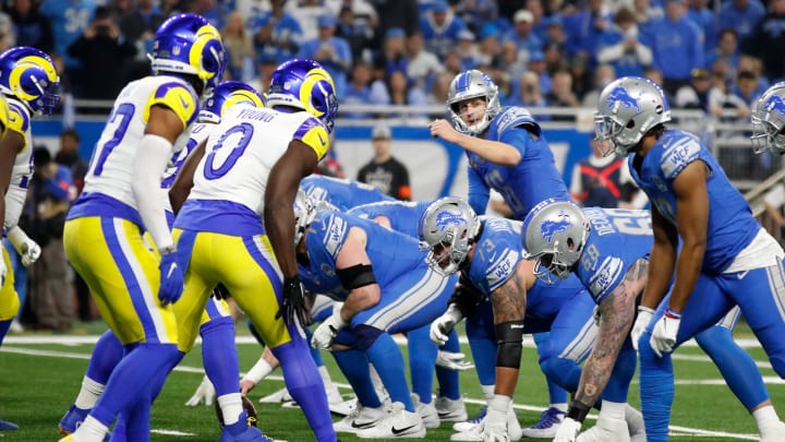 Detroit Lions quarterback Jared Goff calls out a play in the first half against the L.A. Rams at Ford Field in Detroit on Sunday, Jan. 14, 2024.