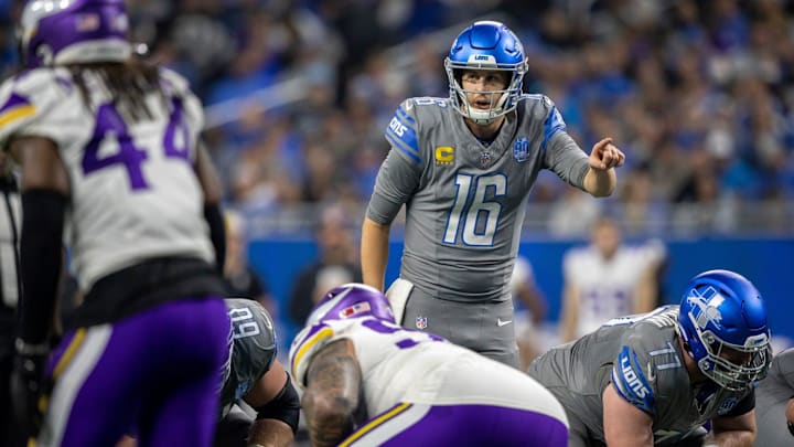 Detroit Lions quarterback Jared Goff calls a play against the Minnesota Vikings at Ford Field in Detroit on Sunday, Jan. 7, 2024.