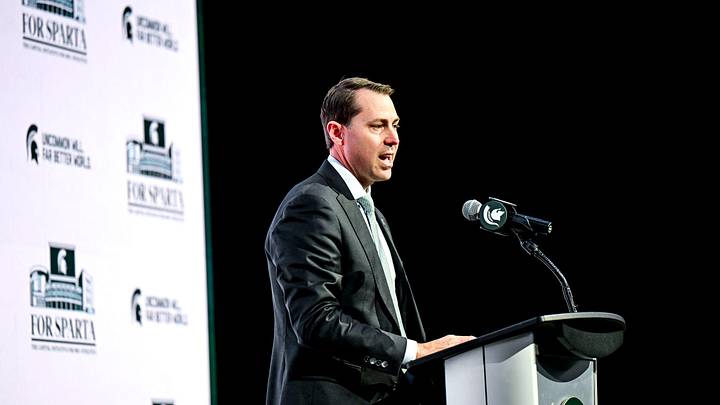 J Batt speaks to audience at Michigan State, which he’ll leave after just one year. J Batt speaks to audience at Michigan State, which he’ll leave after just one year.