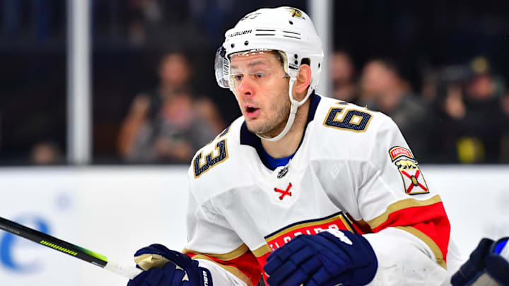 Feb 22, 2020; Las Vegas, Nevada, USA; Florida Panthers right wing Evgenii Dadonov (63) skates against the Vegas Golden Knights during the second period at T-Mobile Arena. Mandatory Credit: Stephen R. Sylvanie-Imagn Images