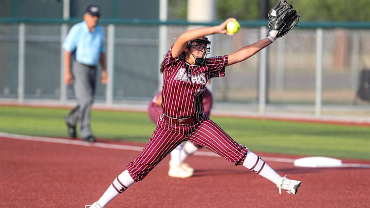 Mathis' Alyssa Herrera throws a pitch during the Class 3A regional quarterfinal game at Cabaniss Softball Field on May 13, 2022. Bishop defeated Mathis, 10-0, and advanced to the regional semifinals.