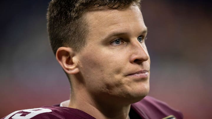 Michigan Panthers' Brian Lewerke (19) stands on the sideline before the start of the game against Michigan Panthers' Brian Lewerke (19) stands on the sideline before the start of the game against
