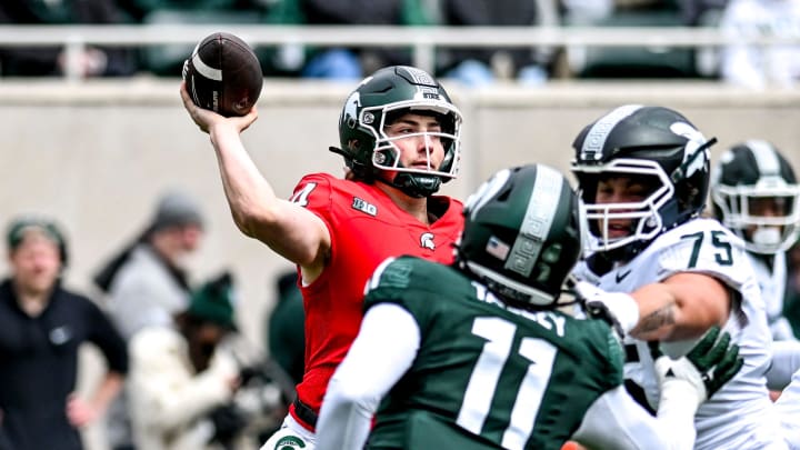 Michigan State's Alessio Milivojevic throws a pass during the Spring Showcase on Saturday, April 20, 2024, at Spartan Stadium in East Lansing.