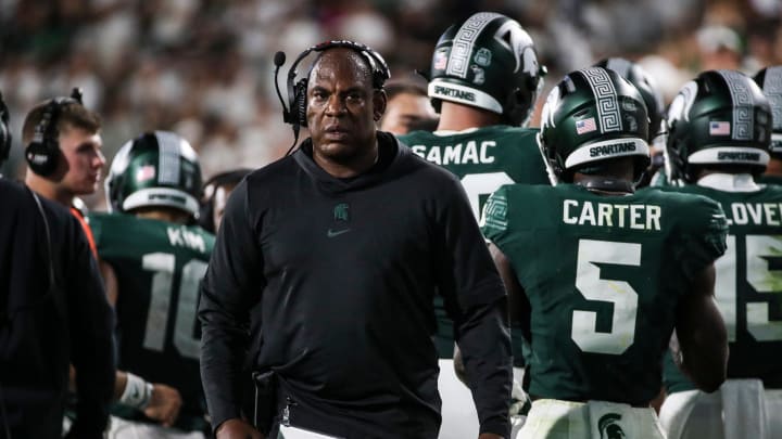 Mel Tucker looks on during a Michigan State game against Central Michigan on Sept. 1, 2023. Mel Tucker looks on during a Michigan State game against Central Michigan on Sept. 1, 2023.