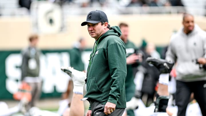 Michigan State's head coach Jonathan Smith looks on during the Spring Showcase on Saturday, April 20, 2024, at Spartan Stadium in East Lansing. Michigan State's head coach Jonathan Smith looks on during the Spring Showcase on Saturday, April 20, 2024, at Spartan Stadium in East Lansing.