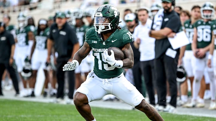 Michigan State's Kay'ron Lynch-Adams runs after a catch against Prairie View A&M during the third quarter on Saturday, Sept. 14, 2024, at Spartan Stadium in East Lansing. Michigan State's Kay'ron Lynch-Adams runs after a catch against Prairie View A&M during the third quarter on Saturday, Sept. 14, 2024, at Spartan Stadium in East Lansing.