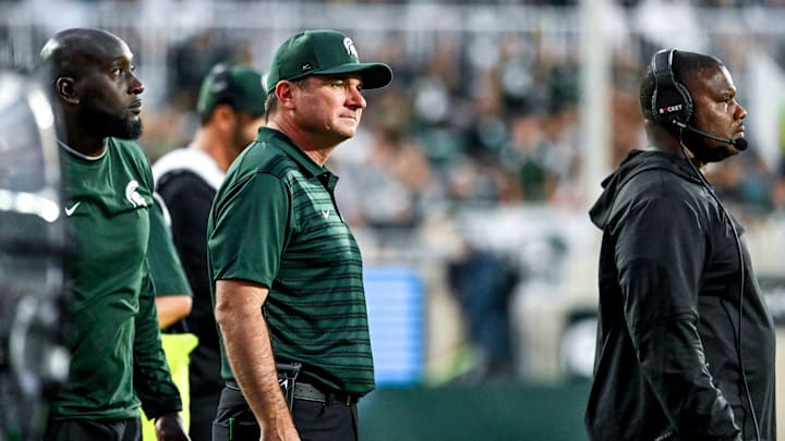 Michigan State's head coach Jonathan Smith looks on on the game against Florida Atlantic during the second quarter on Friday, Aug. 30, 2024, at Spartan Stadium in East Lansing.