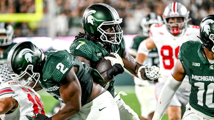Michigan State's Jordan Turner returns an interception against Ohio State during the second quarter on Saturday, Sept. 28, 2024, at Spartan Stadium in East Lansing. Michigan State's Jordan Turner returns an interception against Ohio State during the second quarter on Saturday, Sept. 28, 2024, at Spartan Stadium in East Lansing.