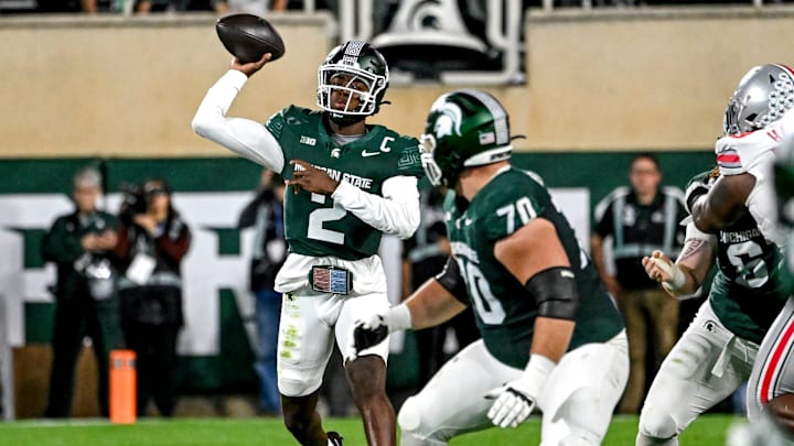 Michigan State's Aidan Chiles throws a pass against Ohio State during the second quarter on Saturday, Sept. 28, 2024, at Spartan Stadium in East Lansing.