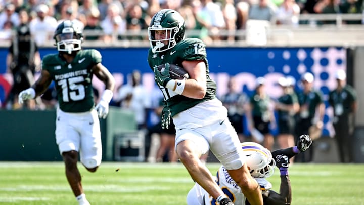 Michigan State's Jack Velling runs after a catch against Prairie View A&M during the first quarter on Saturday, Sept. 14, 2024, at Spartan Stadium in East Lansing.