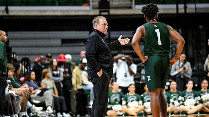 MSU coach Tom Izzo, left, talks with Jeremy Fears during the Michigan State Madness event on Friday, Oct. 4, 2024, at the Breslin Center in East Lansing. MSU coach Tom Izzo, left, talks with Jeremy Fears during the Michigan State Madness event on Friday, Oct. 4, 2024, at the Breslin Center in East Lansing.